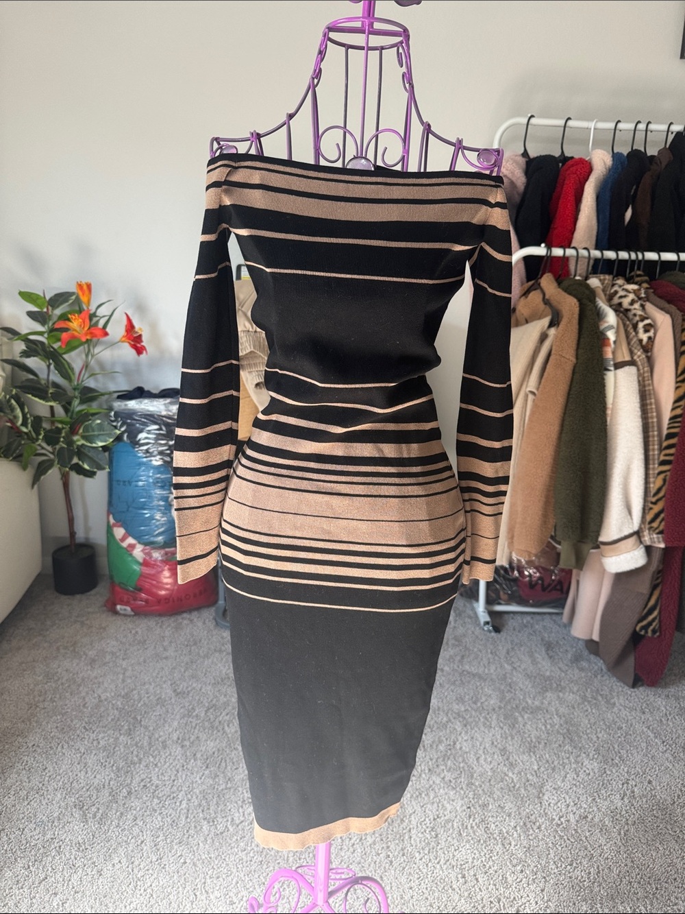 Fashion Nova Off-Shoulder Black and Tan Striped Midi Dress